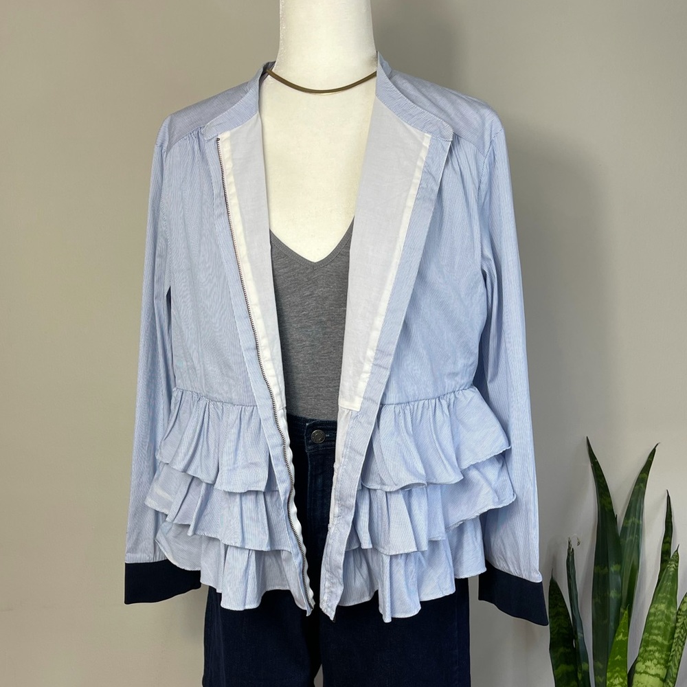 Chelsea 28 Tiered Ruffle Zip Up Pin Stripe Poplin Jacket